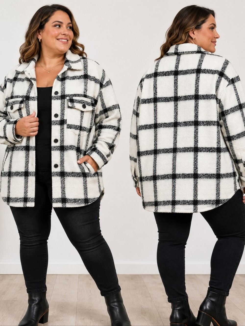 Sanctuary Black White Windowpane Plaid Shacket 2X Oversized Contemporary Coastal